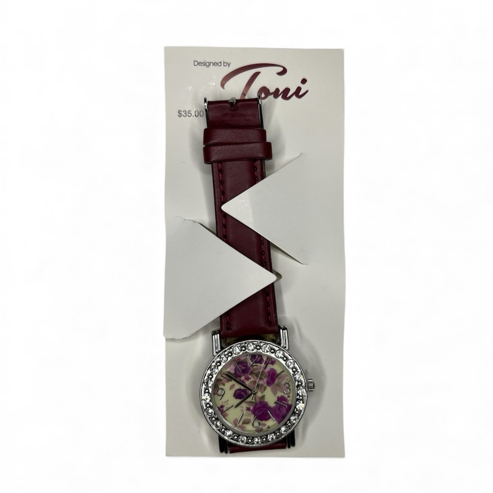 TONI FEDERICI Purple Floral Watch with Burgundy Strap
